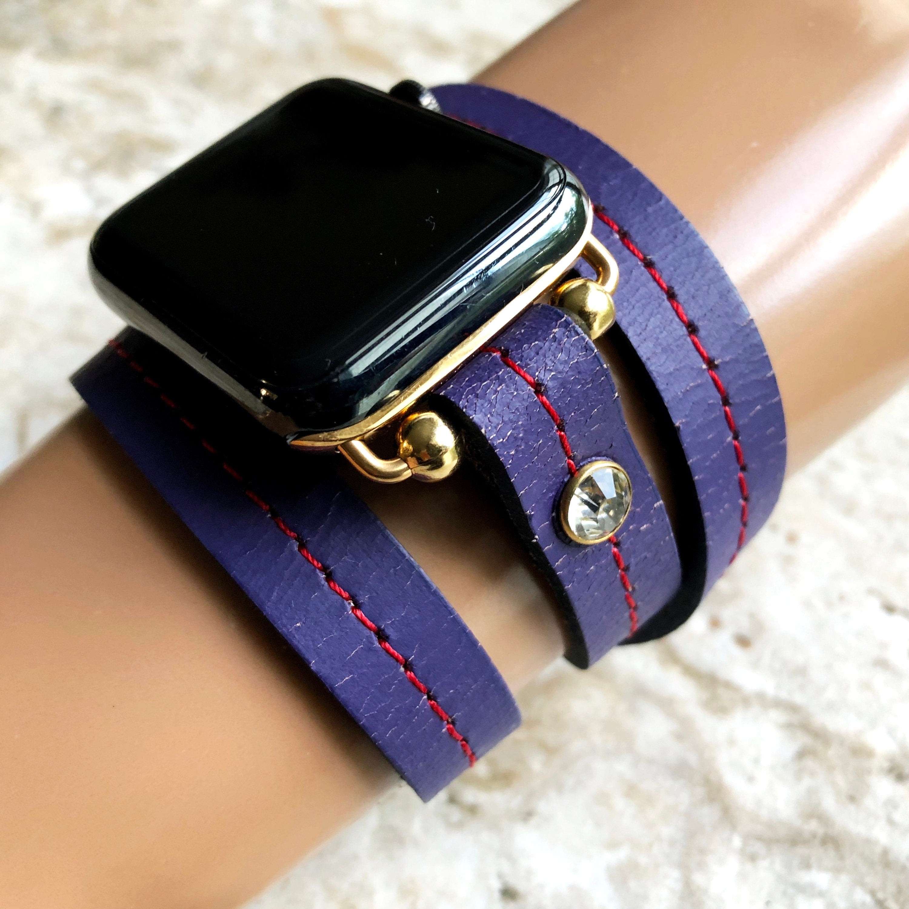 Apple New Vintage Style Purple Leather Band Strap Wrap Bracelet with Crystals for iWatch Ultra 2 49mm and 9 8 Series 41mm 45mm Case Handmade
